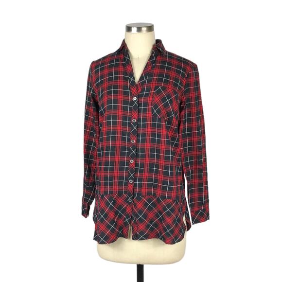 J. JILL Red Black Plaid Curved Hem Blouse Size XSP Women's NWT Button Front - Picture 1 of 6